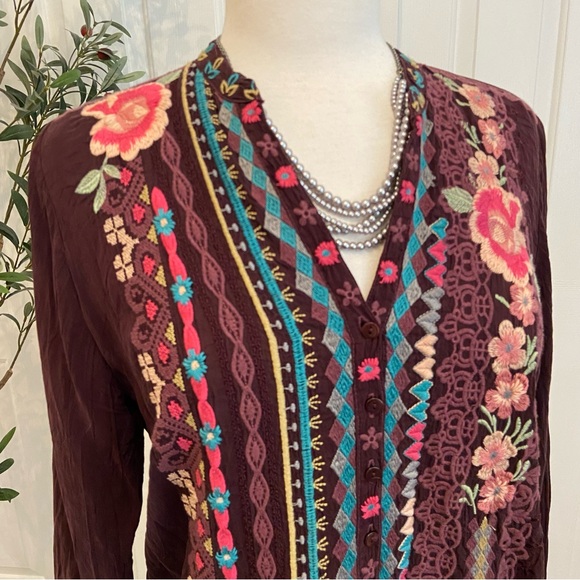 Johnny Was Floral Embroidered Blouse in Rich Burgundy - Picture 2 of 12